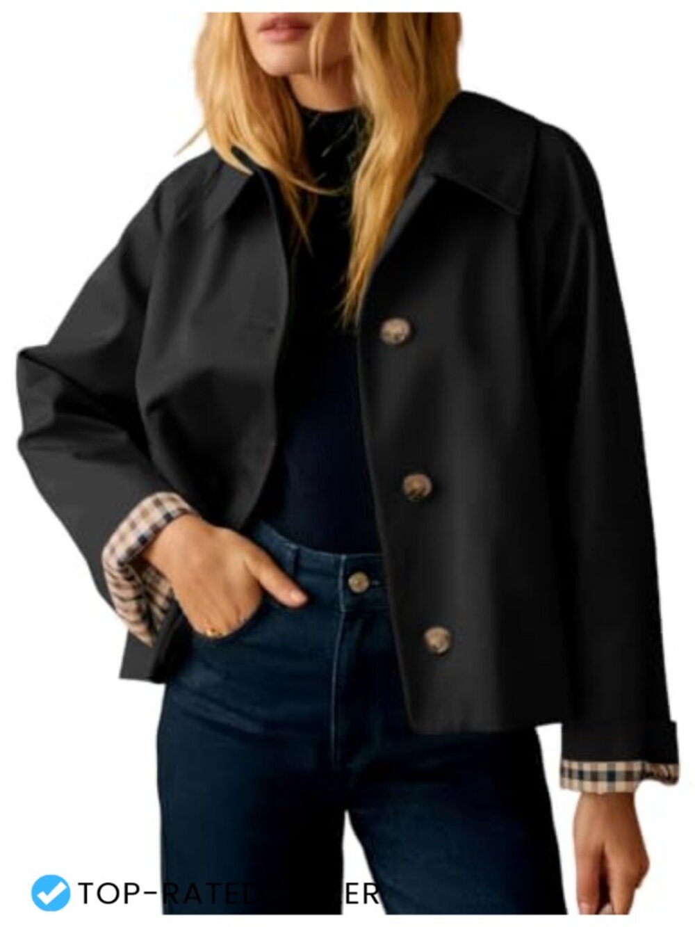 Cropped Trench Coat Button Down Casual Jacket with Pockets